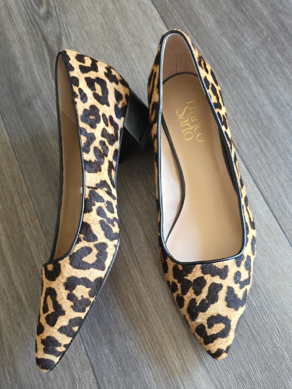 Franco Sarto Leopard Print Pointed Toe Block Heel Pumps - Tan & Black